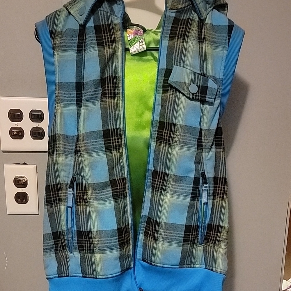 Blue Plaid Sleeveless Hoodie Vest